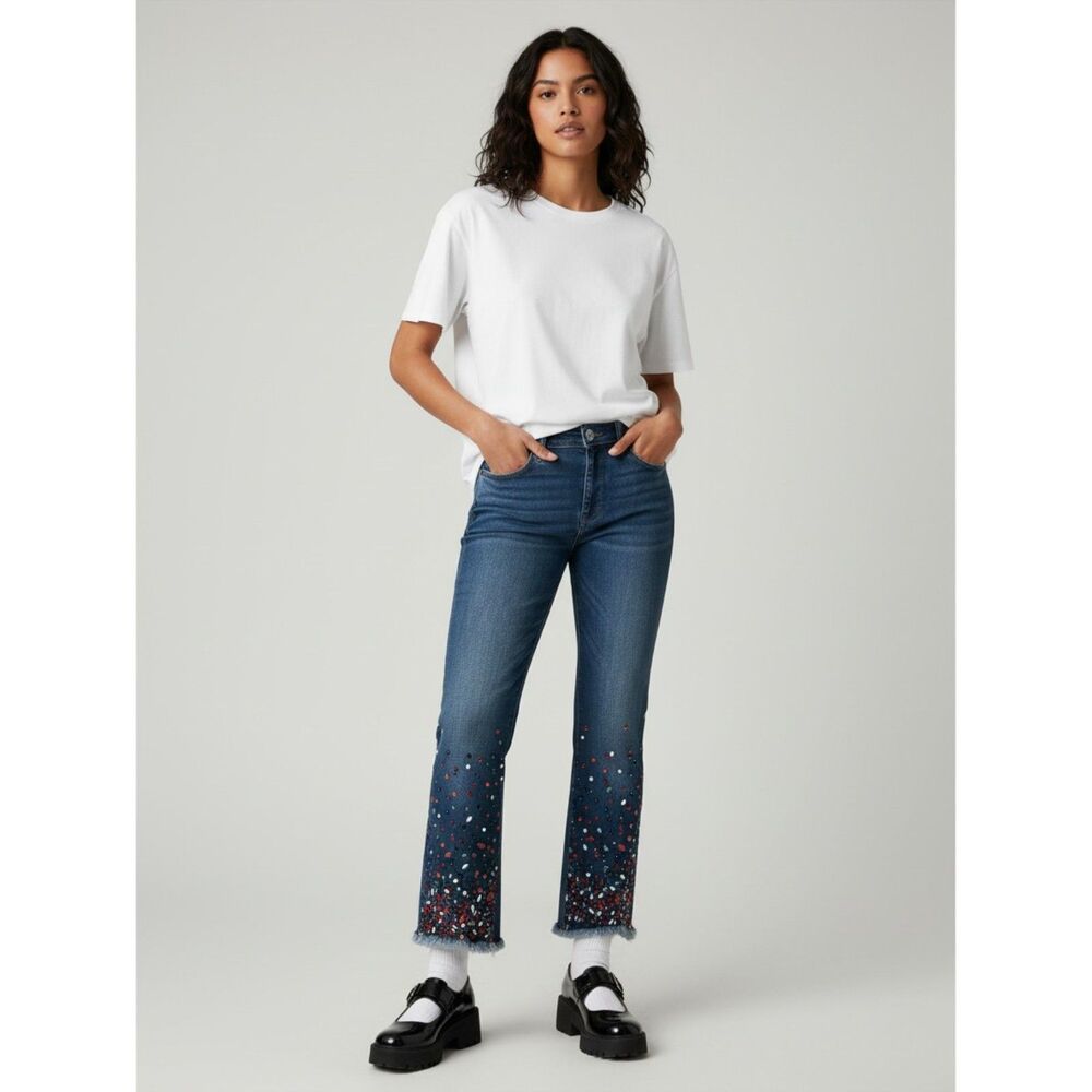 Pilcro Anthropologie Rhinestone Straight Leg Jeans Size 29 Embellished Raw Hem
